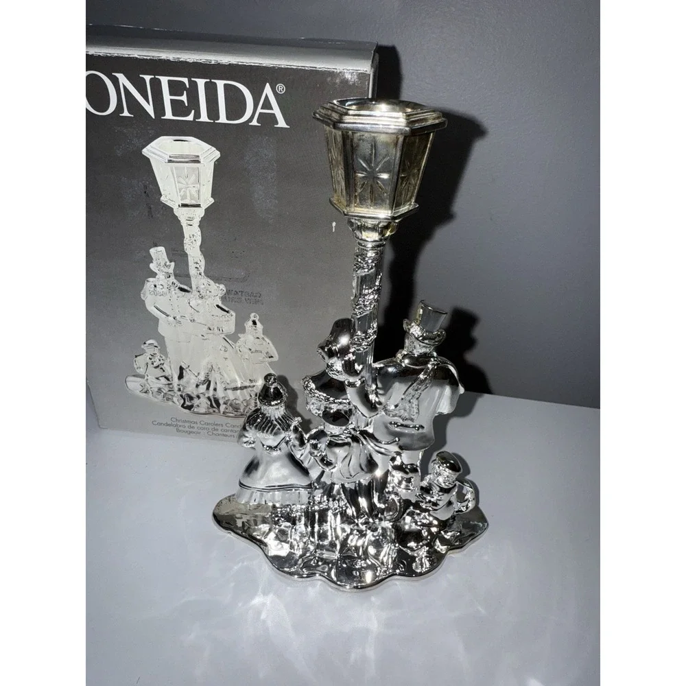 Vtg Christmas Candleholder Carolers‎ Silverplate Mom Dad Kids Dog Oneida Holiday